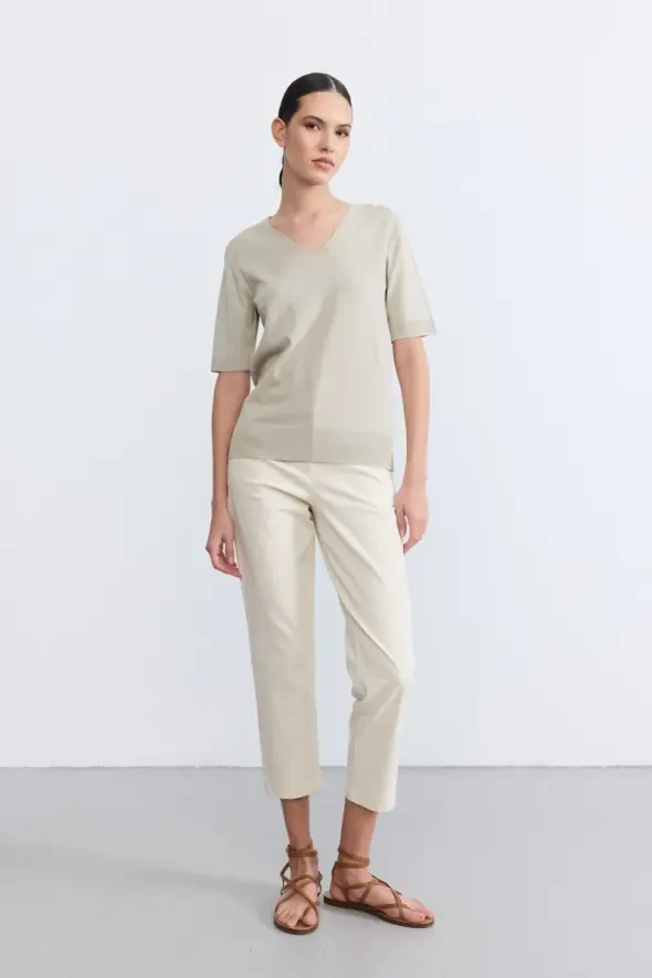 V Yaka Merserize Kısa Kollu Triko Bluz - Yeşil - Gusto