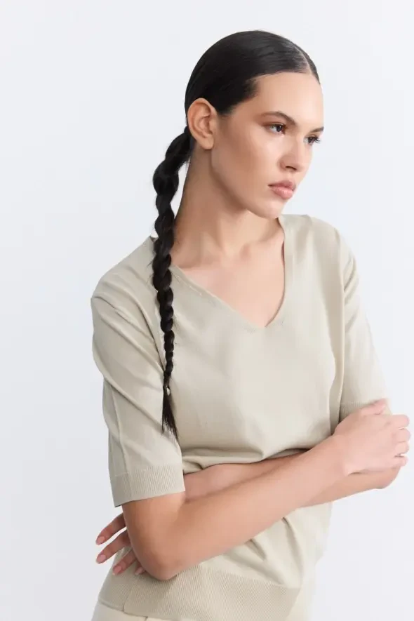 V Yaka Merserize Kısa Kollu Triko Bluz - Yeşil - Gusto