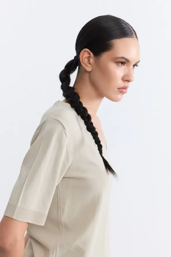 V Yaka Merserize Kısa Kollu Triko Bluz - Yeşil - Gusto