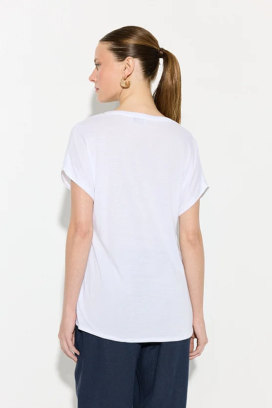 V Yaka Önü Saten Tshirt - Beyaz - 6