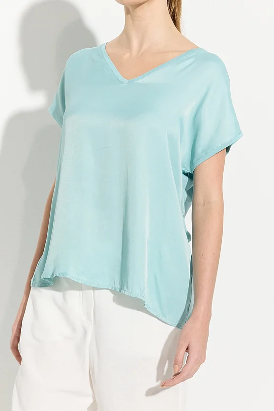 V Yaka Önü Saten Tshirt - Turkuaz - 4