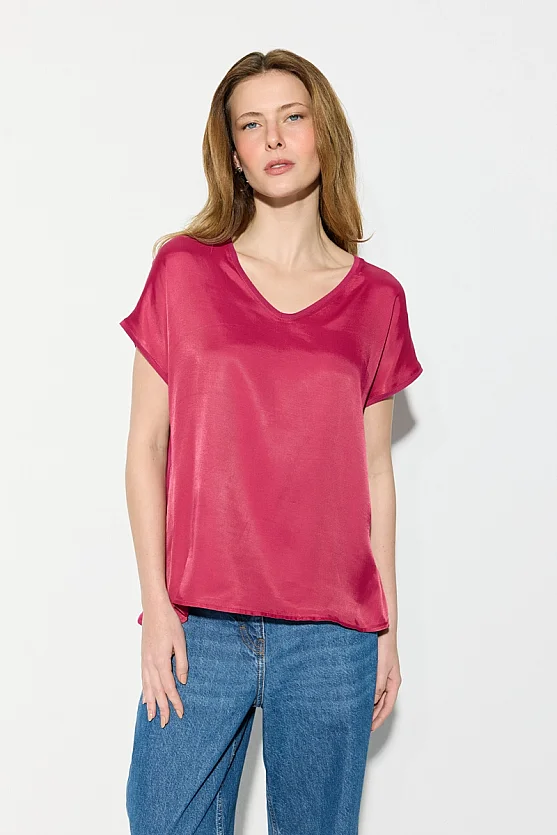 V Yaka Önü Saten Tshirt - Fuşya - Gusto