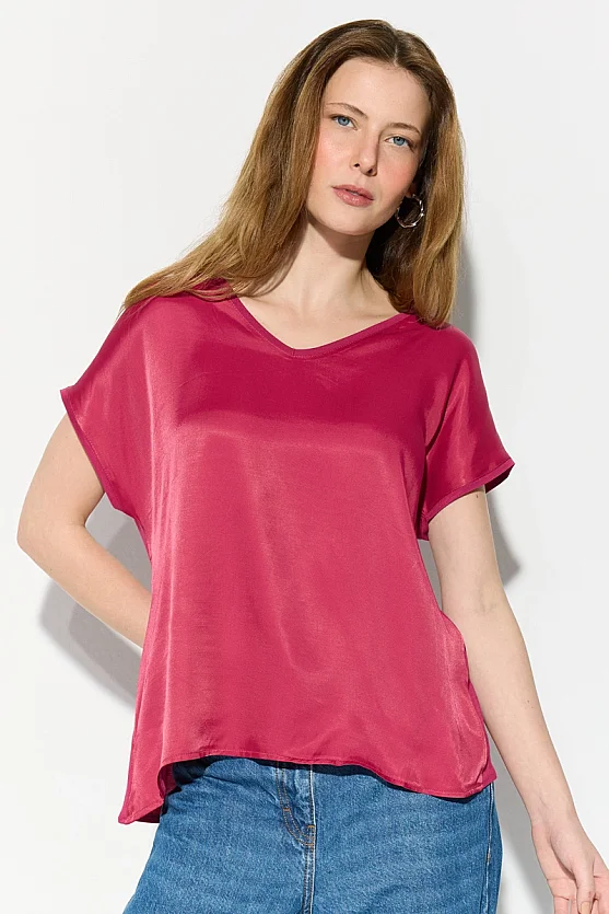 V Yaka Önü Saten Tshirt - Fuşya - Gusto