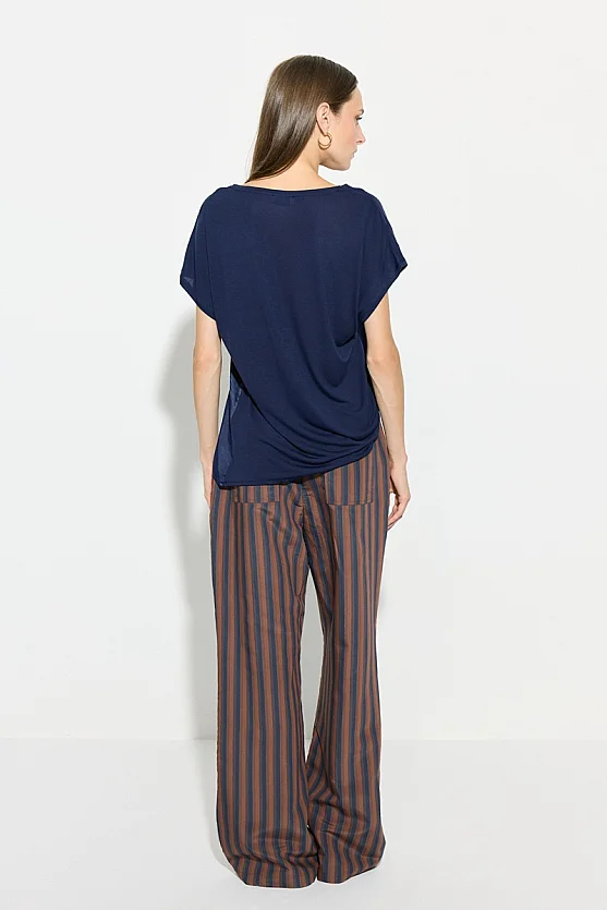 V Yaka Önü Saten Tshirt - Lacivert - 5