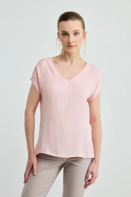 V Yaka Önü Saten Tshirt - Pembe Pembe