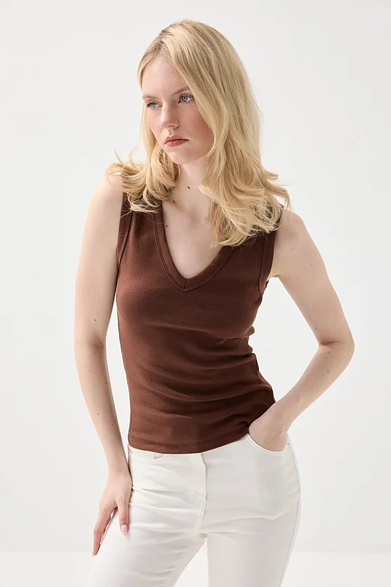 V Yaka Pamuk Atlet - Kahverengi - 4