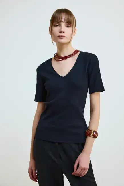 V Yaka Pamuk Kaşkorse T-Shirt - Siyah Siyah