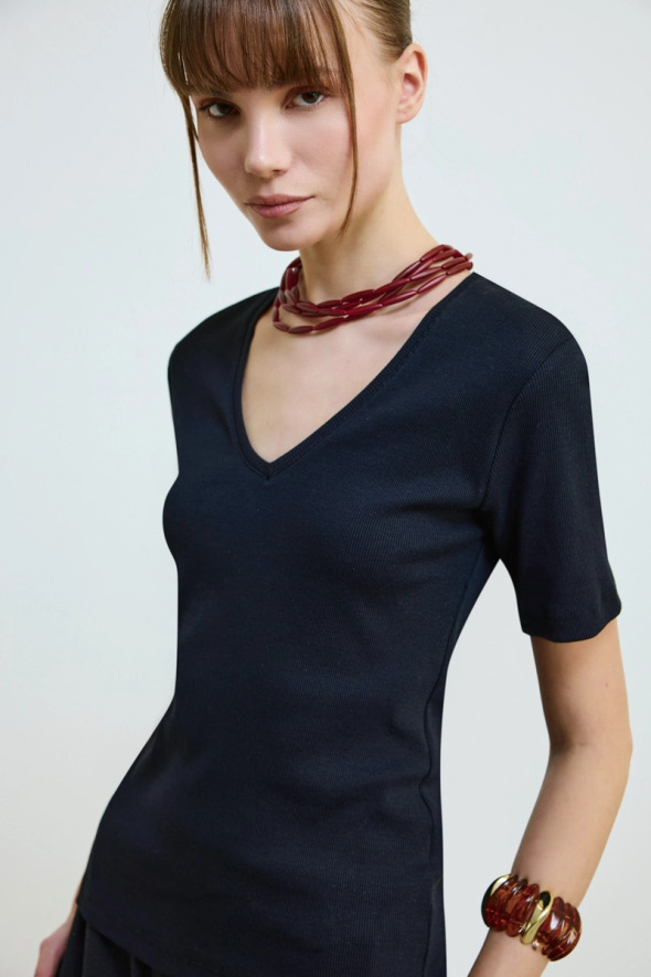 V Yaka Pamuk Kaşkorse T-Shirt - Siyah - 3
