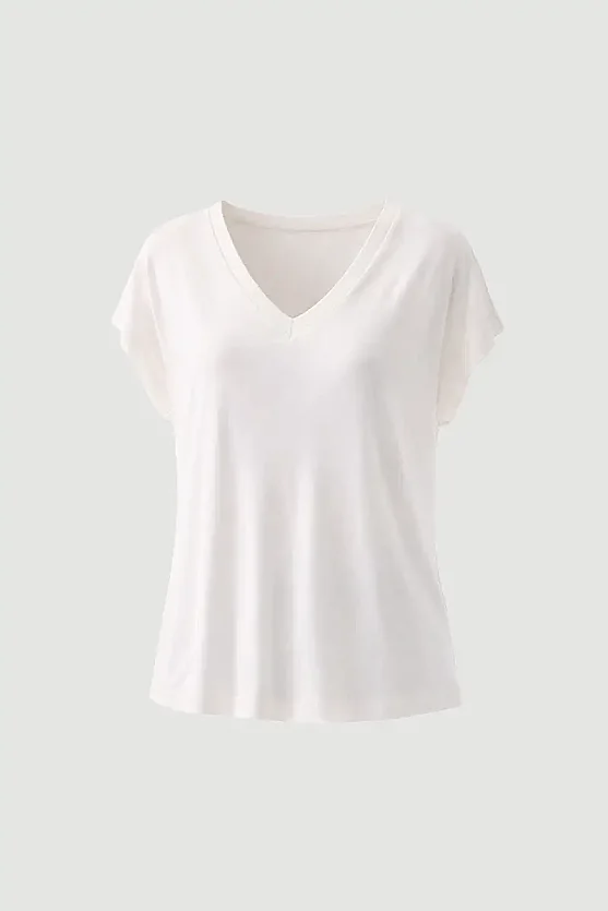 V Yaka Rahat Kesim Bambu Tshirt - Beyaz - 7