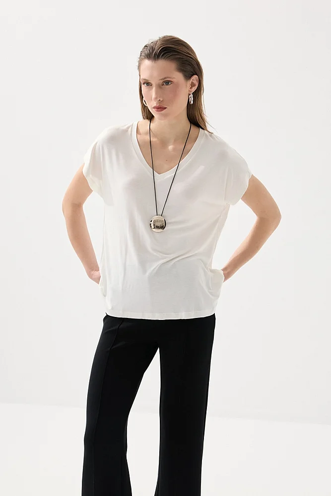 V Yaka Rahat Kesim Bambu Tshirt - Beyaz Beyaz