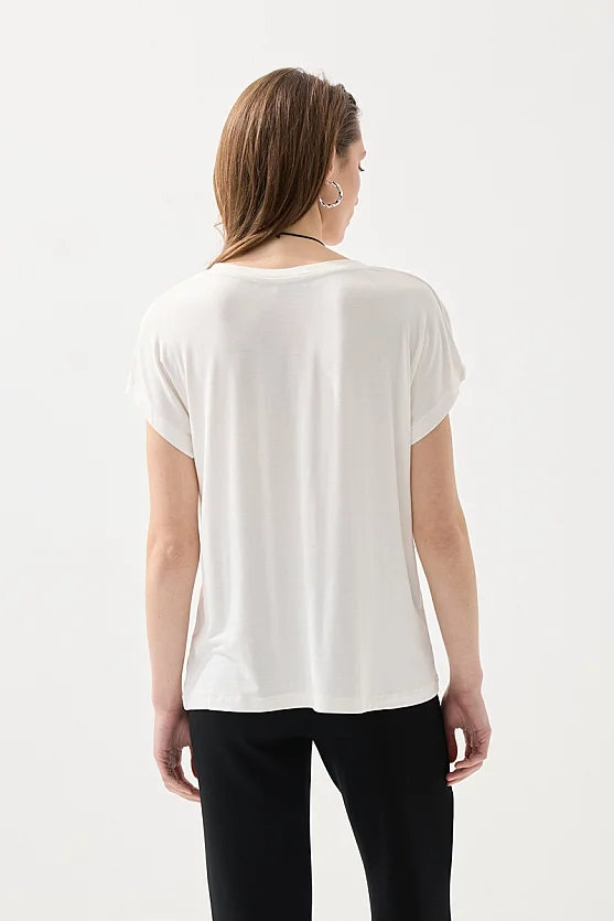 V Yaka Rahat Kesim Bambu Tshirt - Beyaz - 5