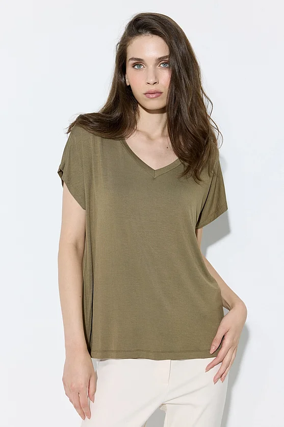 V Yaka Rahat Kesim Bambu Tshirt - Haki - 1