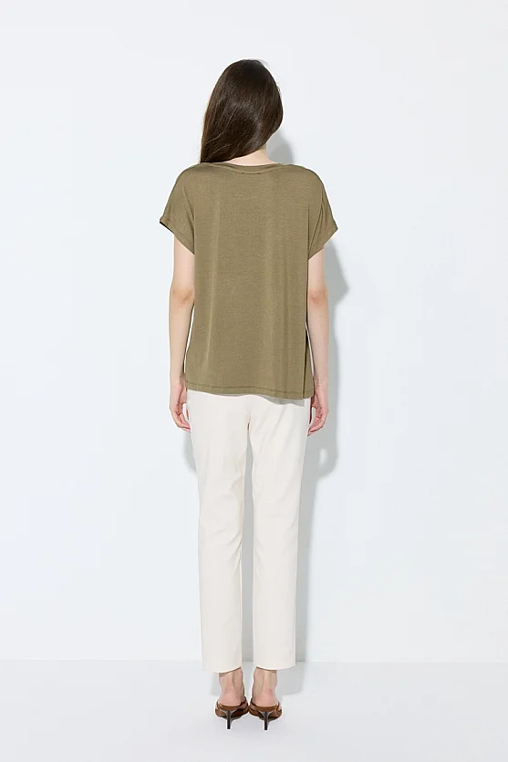V Yaka Rahat Kesim Bambu Tshirt - Haki - Gusto
