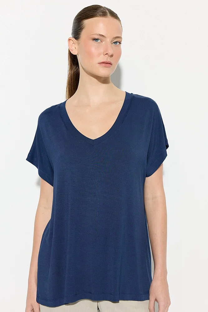 V Yaka Rahat Kesim Bambu Tshirt - Lacivert