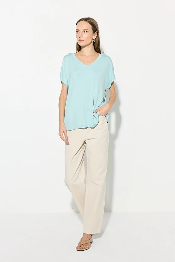 V Yaka Rahat Kesim Bambu Tshirt - Mavi - 2