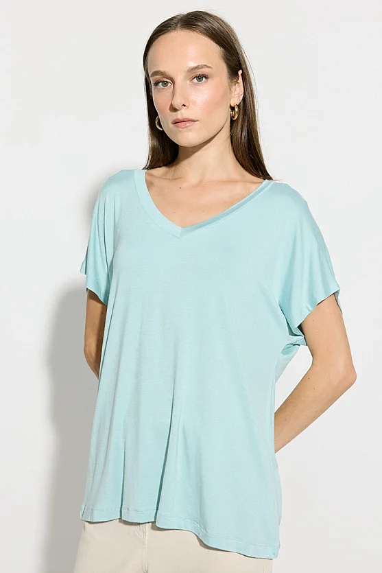 V Yaka Rahat Kesim Bambu Tshirt - Mavi - 3