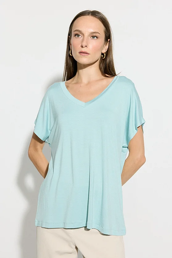 V Yaka Rahat Kesim Bambu Tshirt - Mavi - 4
