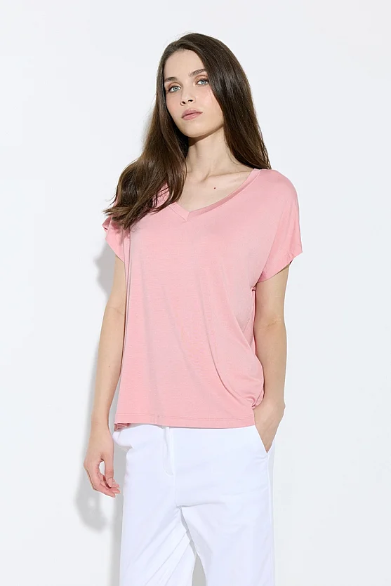 V Yaka Rahat Kesim Bambu Tshirt - Pembe - Gusto