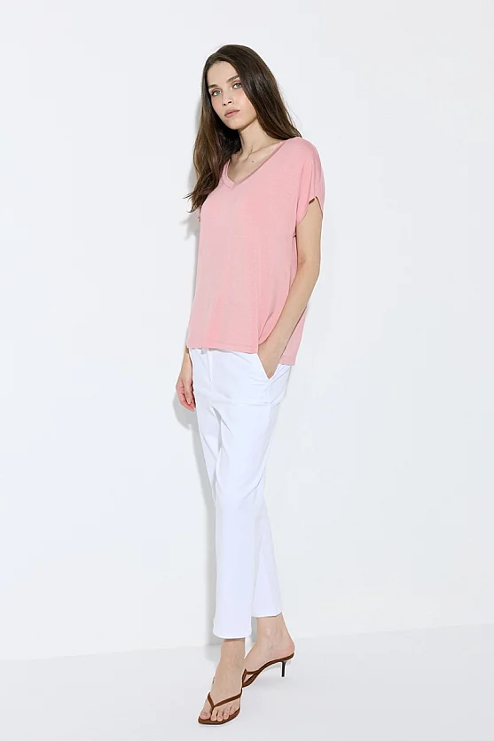 V Yaka Rahat Kesim Bambu Tshirt - Pembe - Gusto