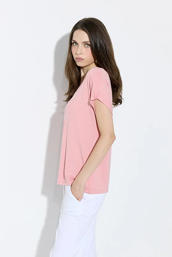 V Yaka Rahat Kesim Bambu Tshirt - Pembe - Gusto