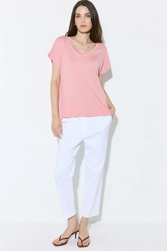 V Yaka Rahat Kesim Bambu Tshirt - Pembe - Gusto