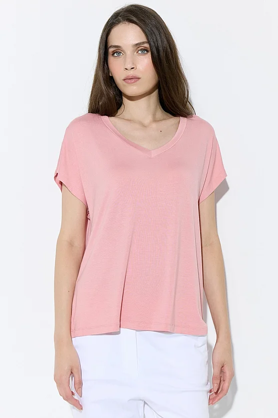 V Yaka Rahat Kesim Bambu Tshirt - Pembe - Gusto