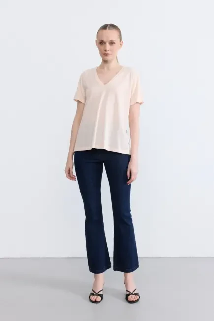 V Yaka Simli T-Shirt - Pudra Pudra