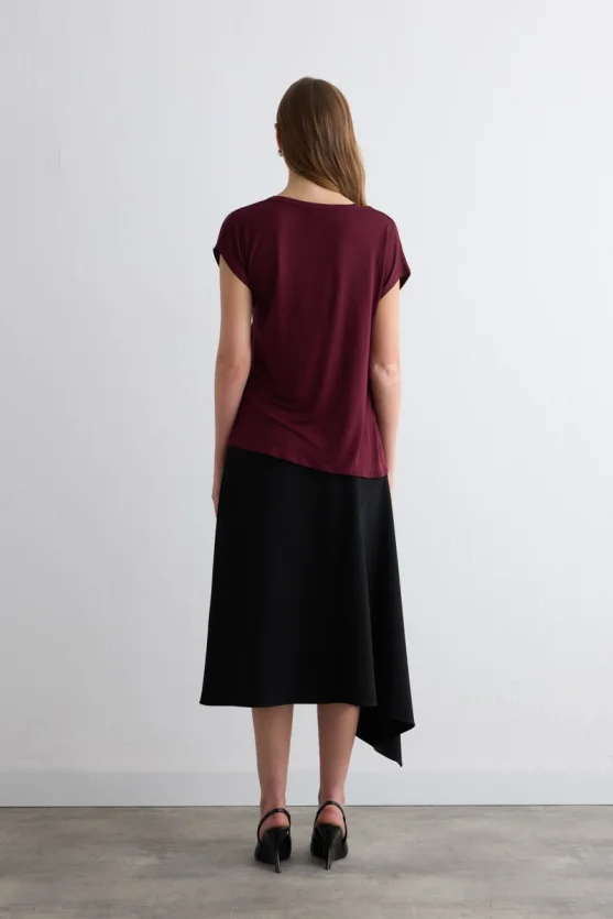 V Yaka Viskon Önü Saten Tshirt - Bordo - 4