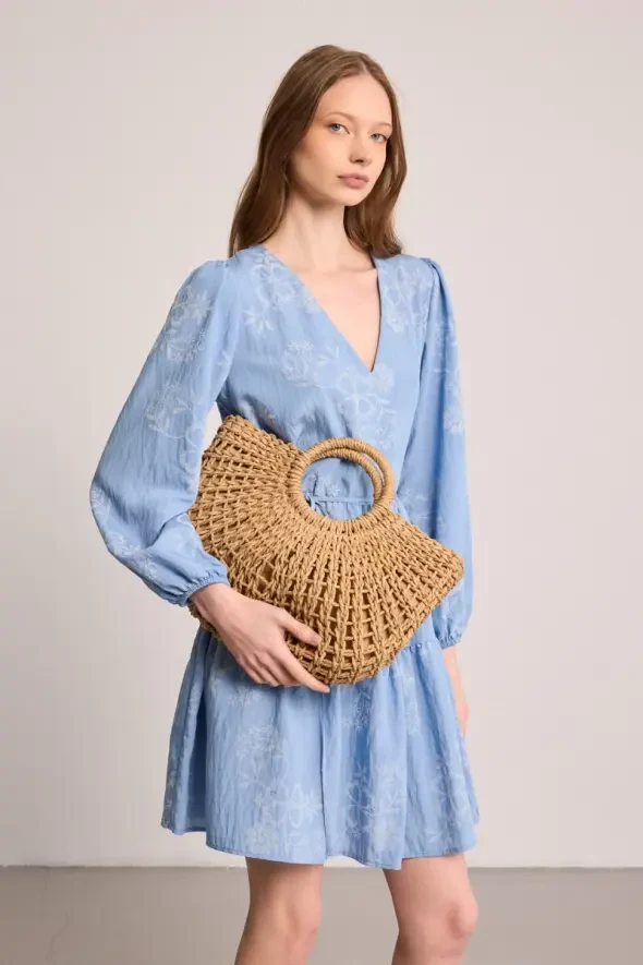 V Yakalı Beli İpli Kısa Elbise - Mavi - 4