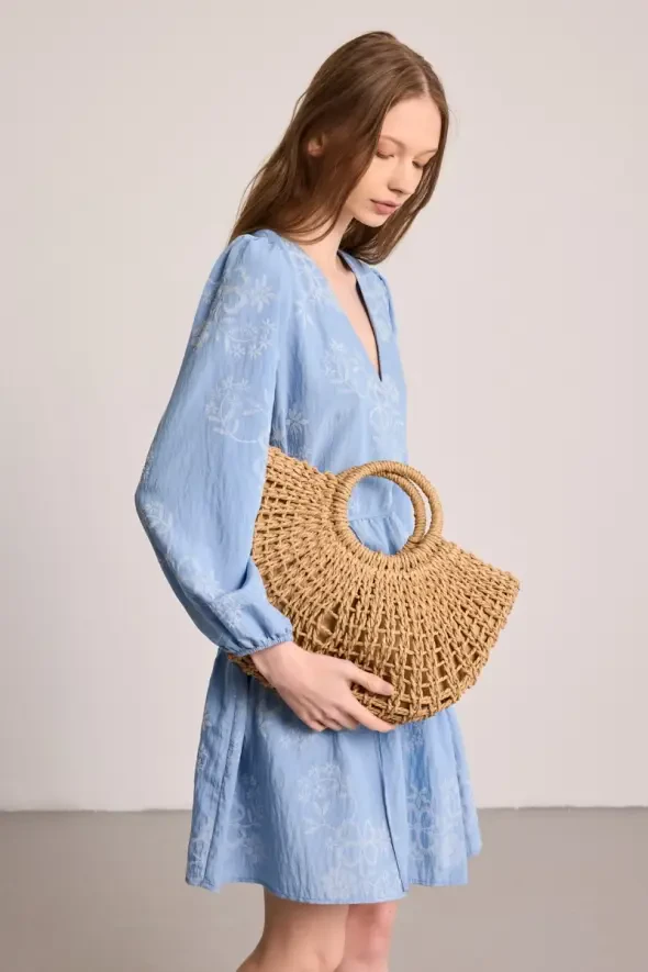 V Yakalı Beli İpli Kısa Elbise - Mavi - 5