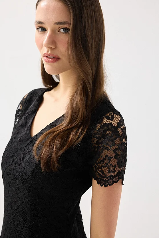 V Yakalı Dantel Brode Abiye Elbise - Siyah - 4