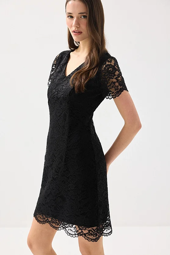 V Yakalı Dantel Brode Abiye Elbise - Siyah - 5