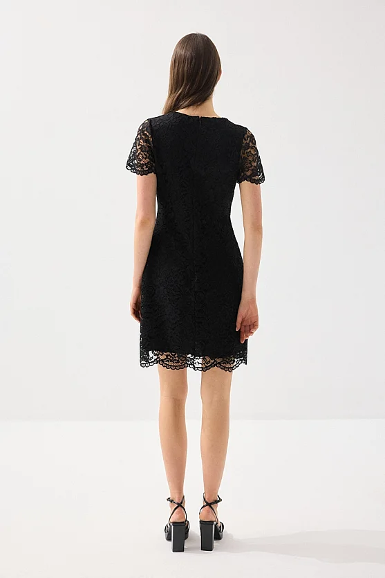 V Yakalı Dantel Brode Abiye Elbise - Siyah - 6