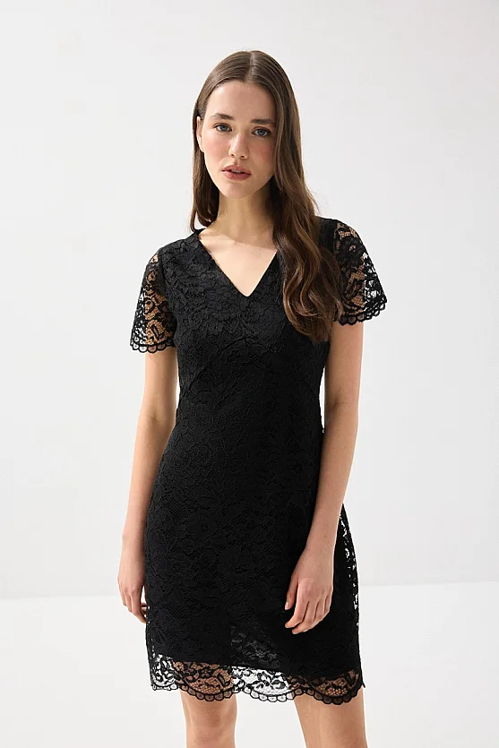 V Yakalı Dantel Brode Abiye Elbise - Siyah - Gusto