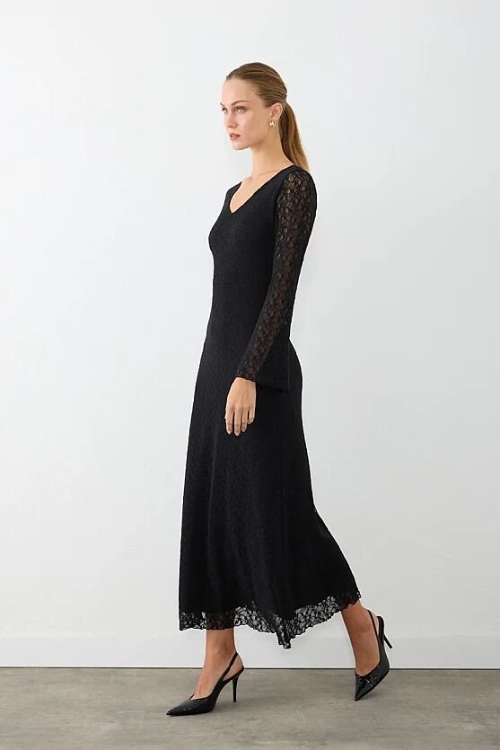 V Yakalı Dantel Uzun Abiye Elbise - Siyah - Gusto