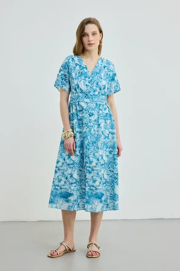 V Yakalı Desenli Uzun Keten İçerikli Elbise - Mavi - 1