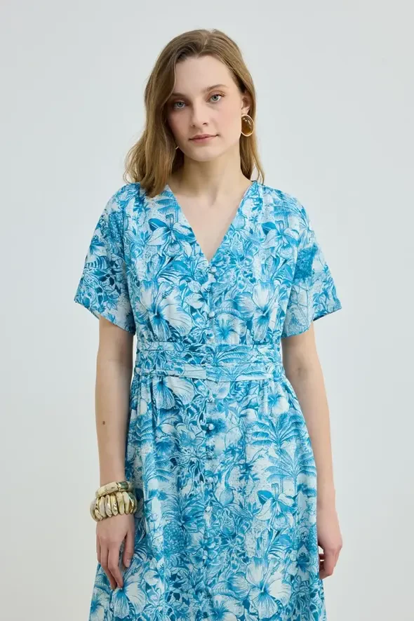 V Yakalı Desenli Uzun Keten İçerikli Elbise - Mavi - 3