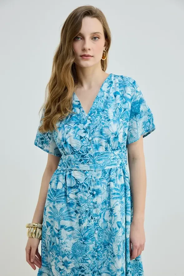 V Yakalı Desenli Uzun Keten İçerikli Elbise - Mavi - 4