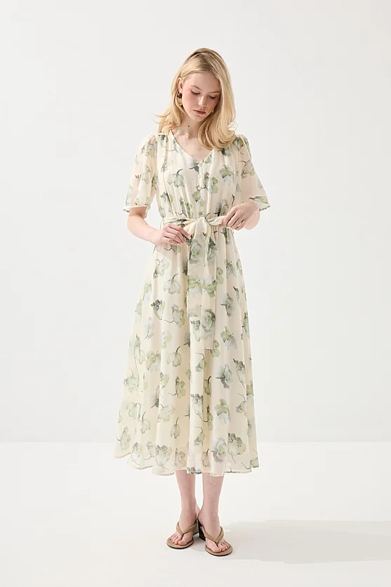 V Yakalı Desenli Uzun Tencel Elbise - Yeşil - Gusto