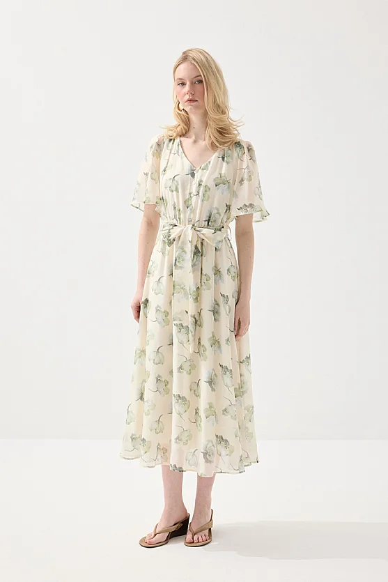 V Yakalı Desenli Uzun Tencel Elbise - Yeşil - Gusto
