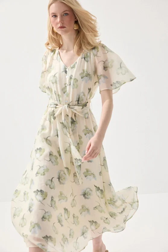 V Yakalı Desenli Uzun Tencel Elbise - Yeşil - Gusto