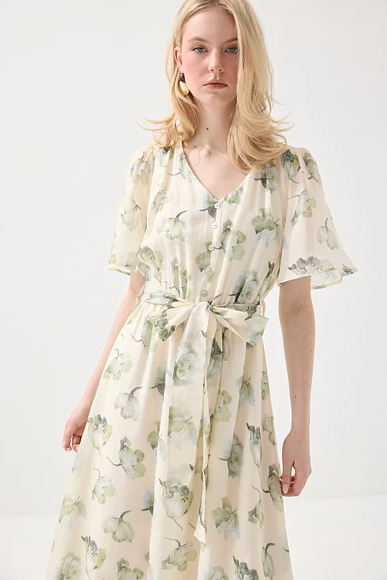 V Yakalı Desenli Uzun Tencel Elbise - Yeşil - 4