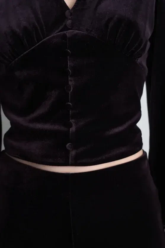 V Yakalı Kadife Bluz - Mürdüm - 4