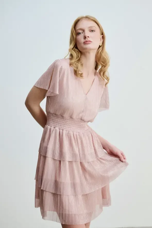 V Yakalı Kat Kat Simli Abiye Elbise - Pembe - 3