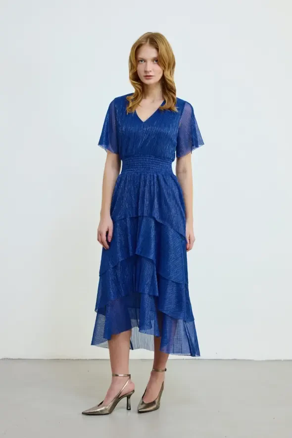 V Yakalı Kat Kat Uzun Simli Elbise - Lacivert - Gusto