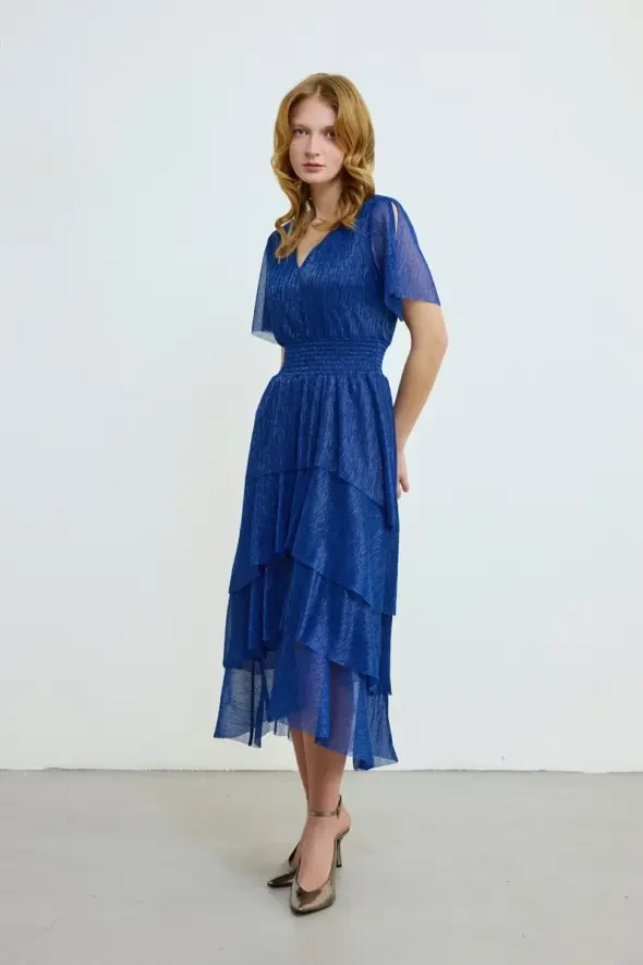 V Yakalı Kat Kat Uzun Simli Elbise - Lacivert - Gusto