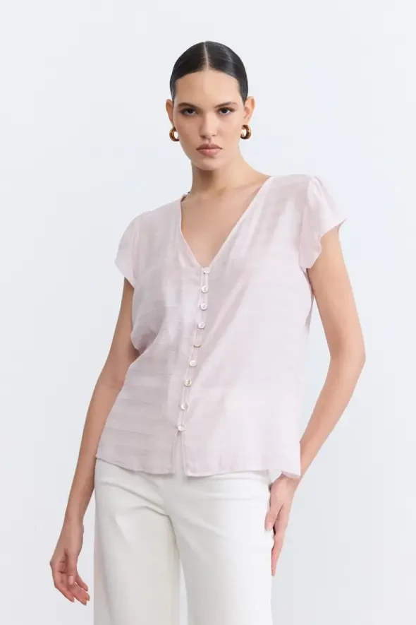 V Yakalı Kolu Büzgülü Bluz - Lila - Gusto