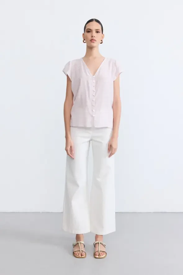 V Yakalı Kolu Büzgülü Bluz - Lila - Gusto