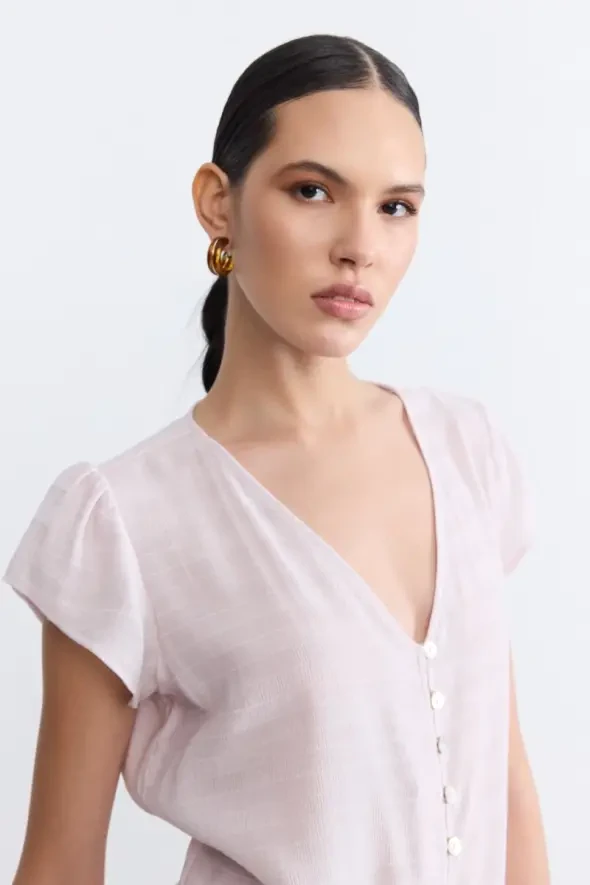 V Yakalı Kolu Büzgülü Bluz - Lila - Gusto