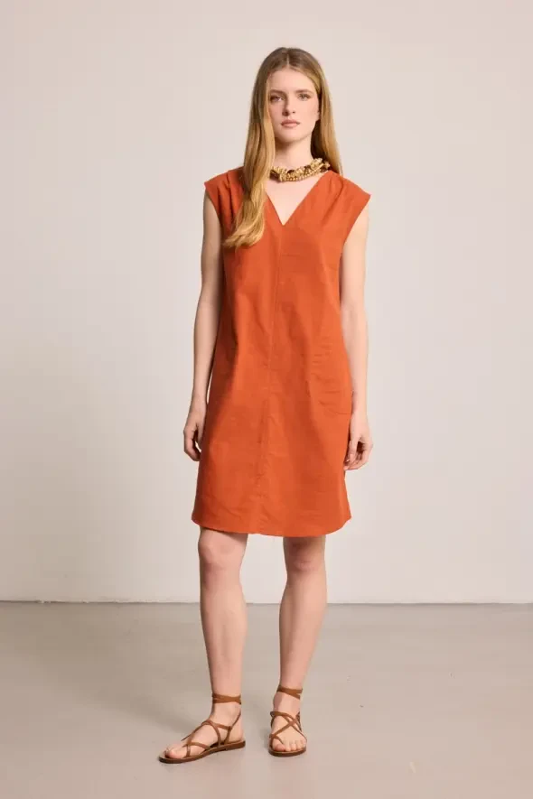 V Yakalı Pamuk Keten Elbise - Kiremit - Gusto